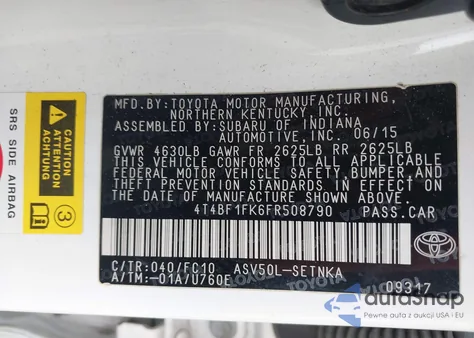 2015 Toyota Camry Le из США, поврежденный, VIN 4T4BF1FK6FR508790